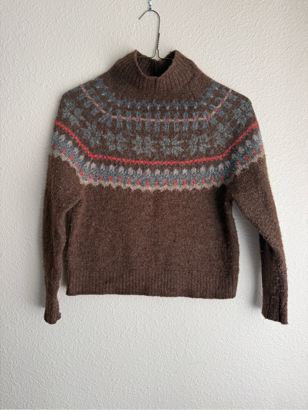 Old Navy Brown Fair Isle Turtleneck Sweater with Gray and Red Patterning